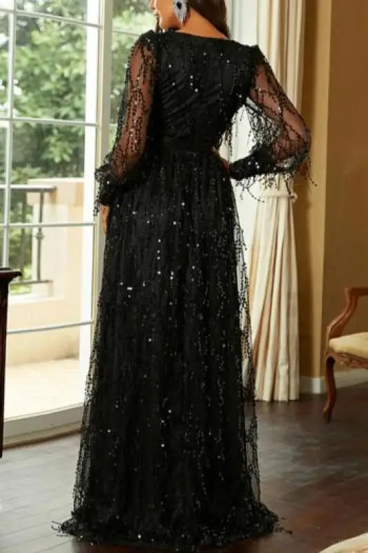 Sequin Tassel Deep-V High Slit Maxi Evening Dress - Dresses