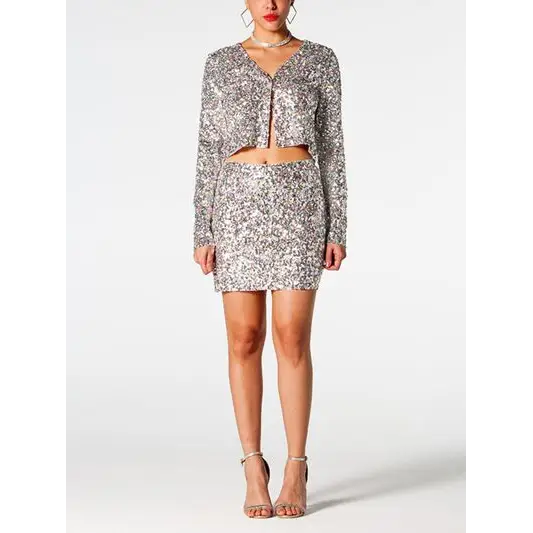 Sequin V - Neck Top and Mini Skirt Set - S / Silver - Sets