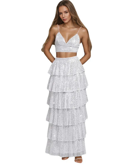 Sparkle and Shine V-Neck Sequin Decor Maxi Skirt Set