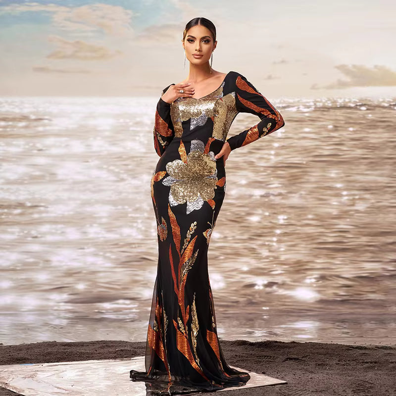 Sequin Flower Bomb Mermaid Maxi Dress