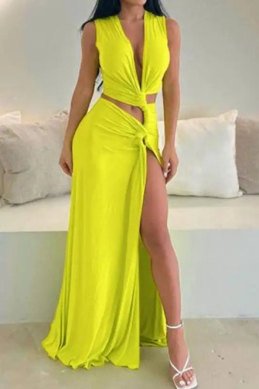 Sexy Deep V-neck High Slit Maxi Dress - L / Yellow - Dresses