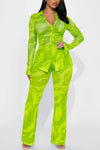 Sheer Mesh Tie-Dye Printing Pant Set - S / Lime Green - Sets