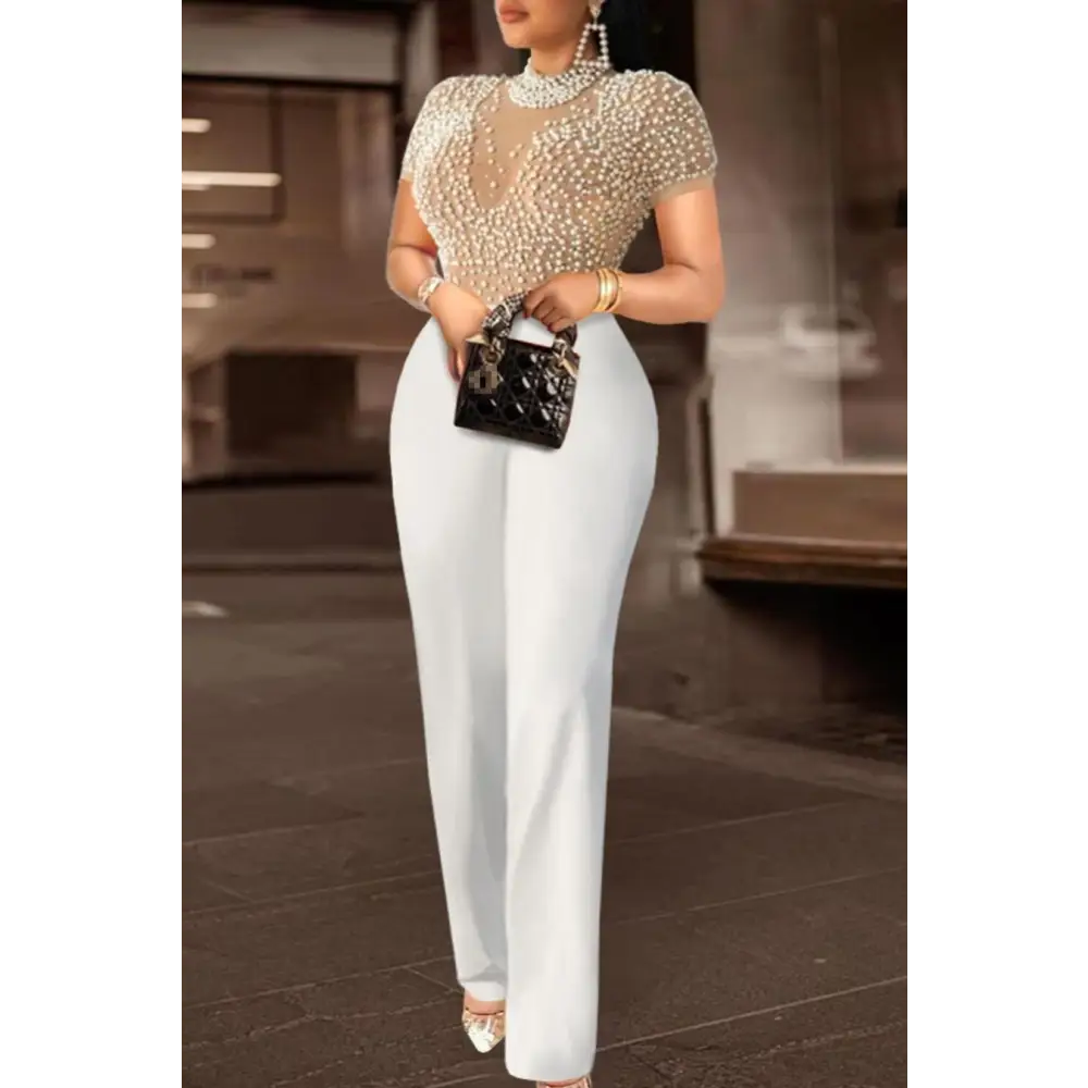 Sheer Pearls Galore Short Sleeve Jumpsuit - S / White