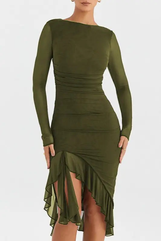 Sheer Ruffle Trim Bodycon Midi Dress - S / Army Green
