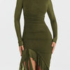 Sheer Ruffle Trim Bodycon Midi Dress - S / Army Green