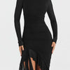 Sheer Ruffle Trim Bodycon Midi Dress - S / Black - Dresses