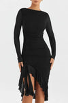 Sheer Ruffle Trim Bodycon Midi Dress - S / Black - Dresses