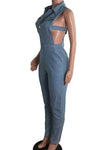 Side Cut-Out Single Breasted Denim Jumpsuit (S-3XL)