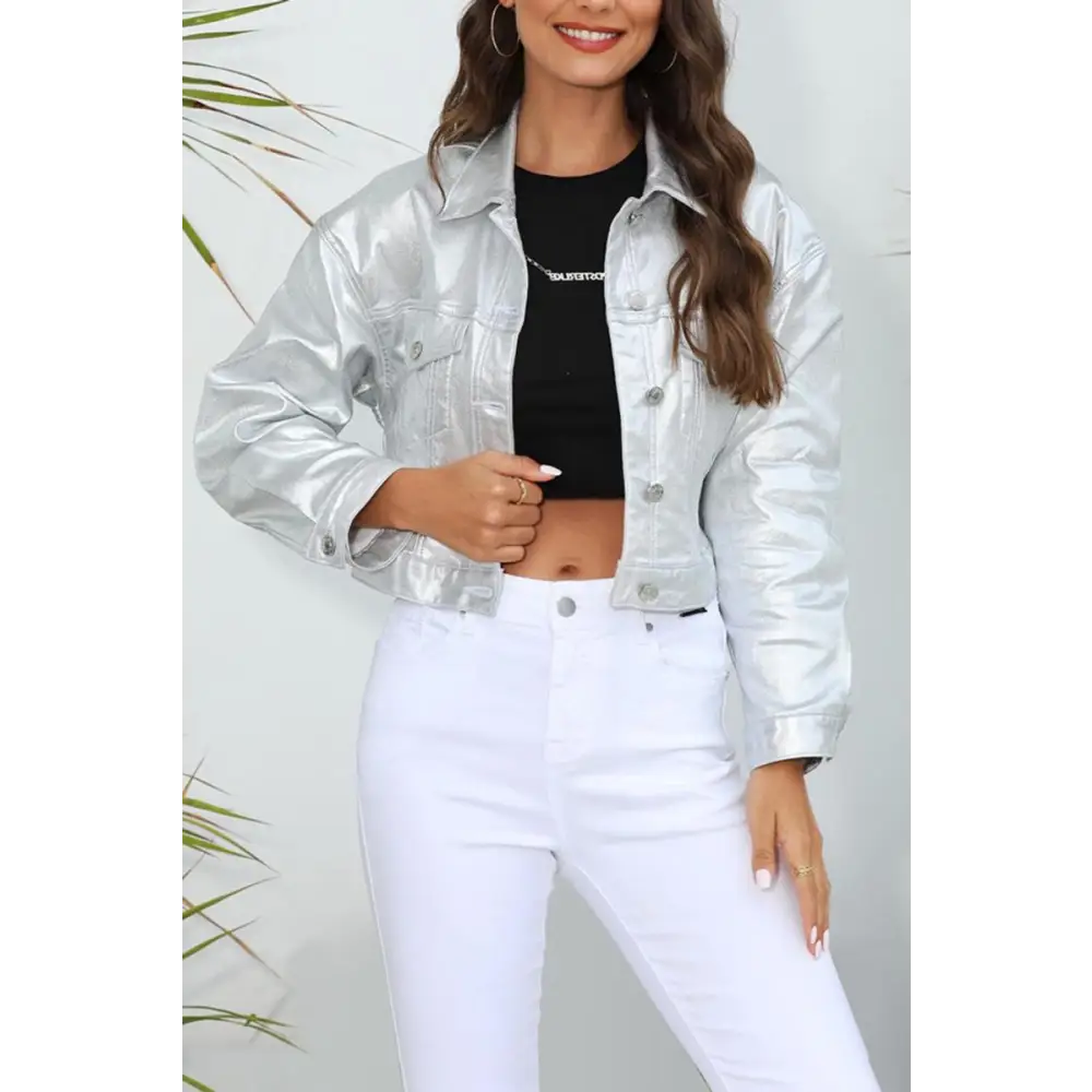 Silver PU Leather Single - Breasted Crop Jacket - Jackets