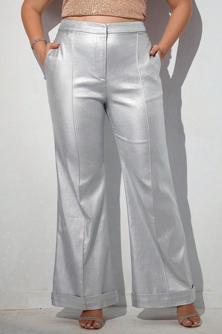 Plus Size Silver Metallic Wide Leg Pants