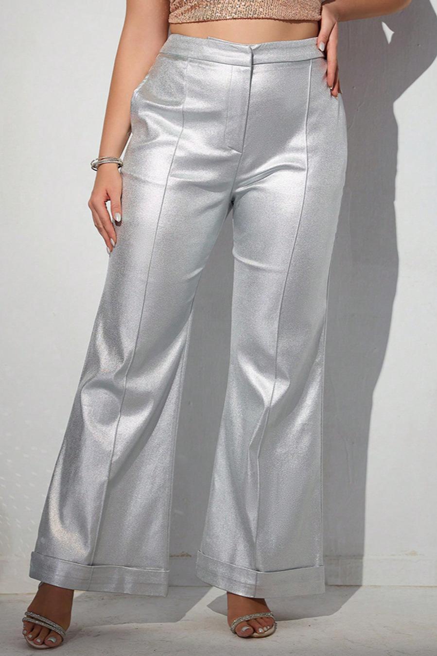 Plus Size Silver Metallic Wide Leg Pants