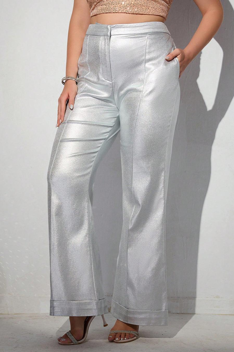 Plus Size Silver Metallic Wide Leg Pants