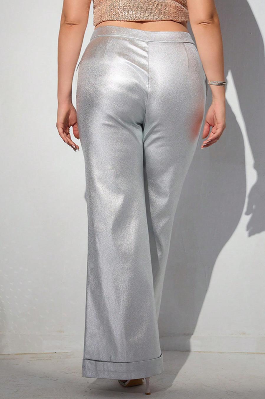 Plus Size Silver Metallic Wide Leg Pants