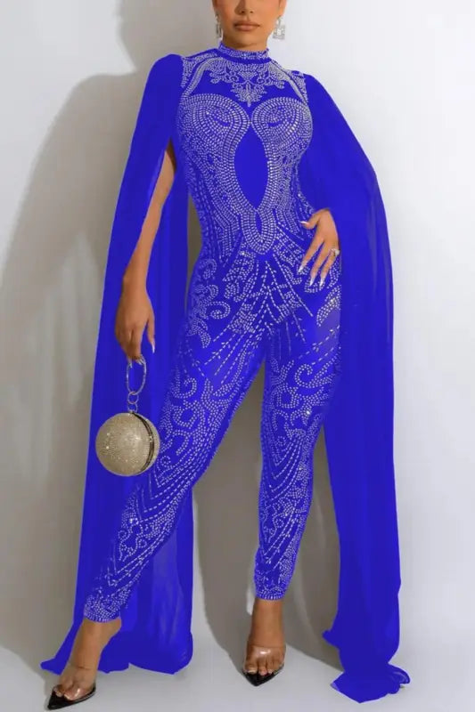 Slaying The Day Cape Detailed Rhinestone Jumpsuit (with