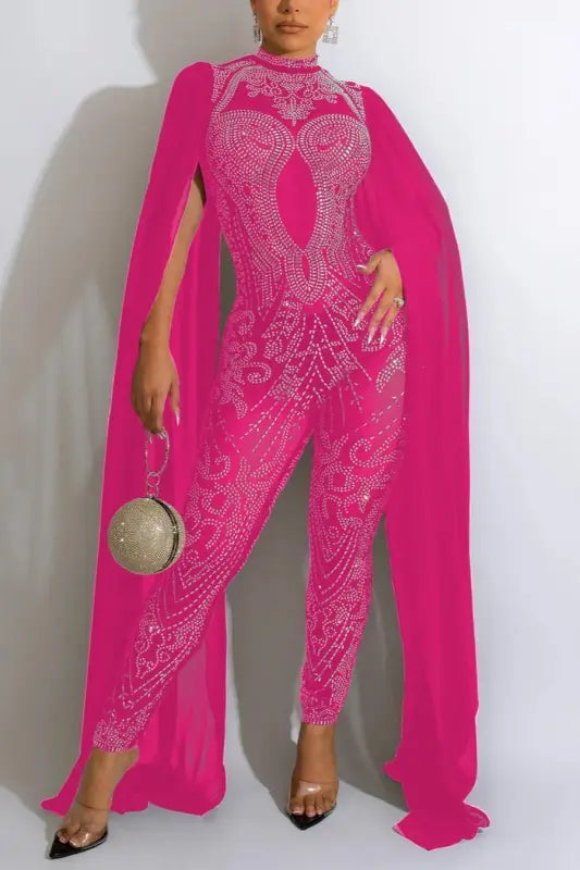 Slaying The Day Cape Detailed Rhinestone Jumpsuit (with