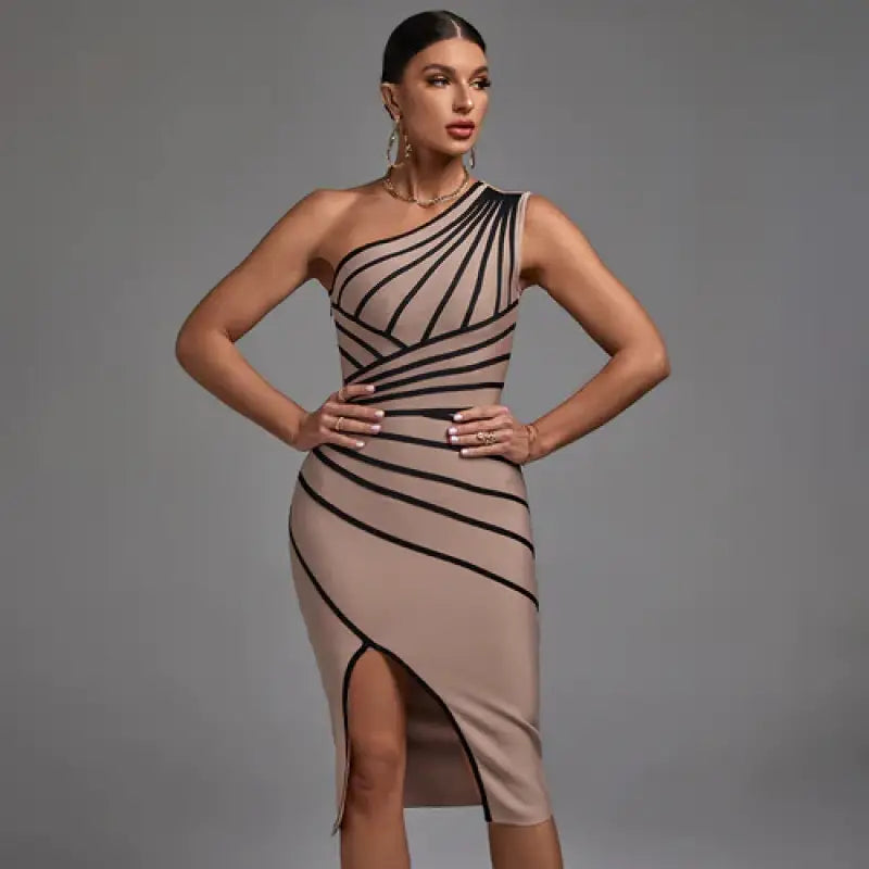 Sleeveless Striped Asymmetrical Midi Bandage Dress - Dresses