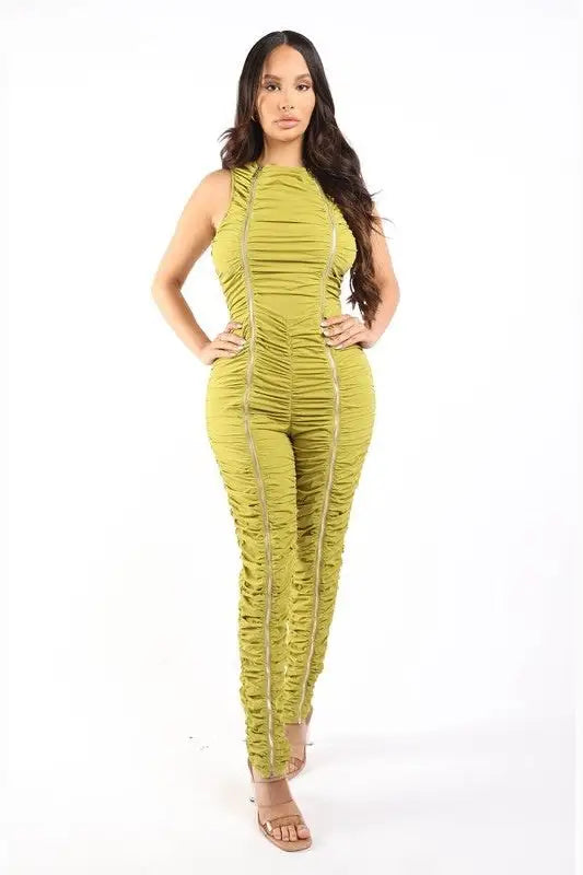 Sleevless Double Zipper Fitted Ruched Jumpsuit - Jumpsuits