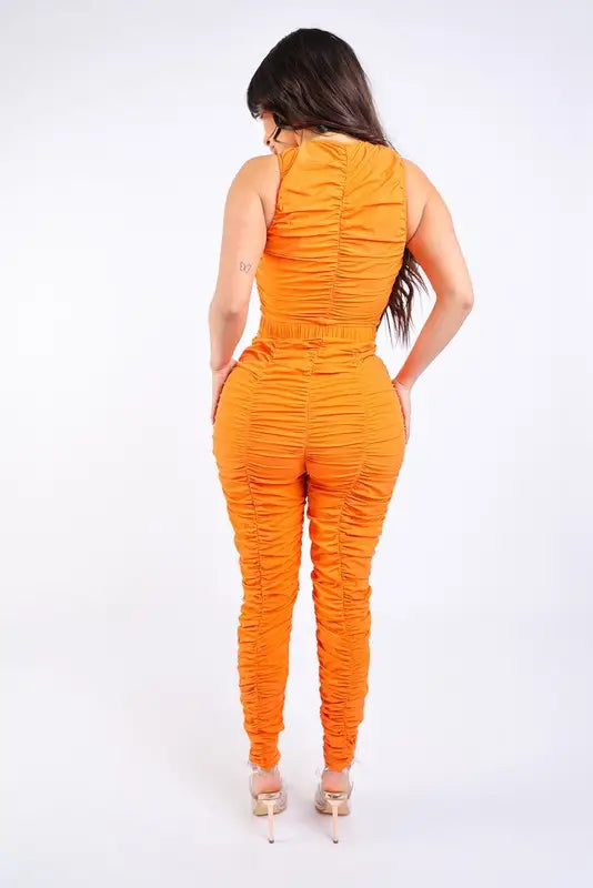 Sleevless Double Zipper Fitted Ruched Jumpsuit - Jumpsuits