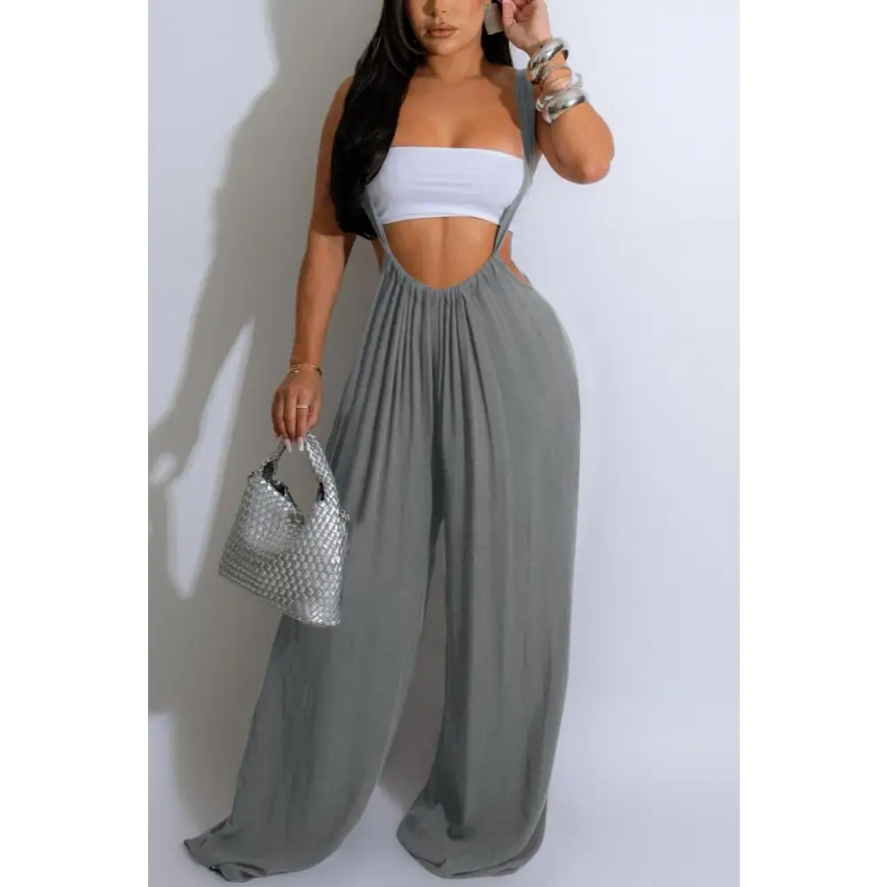 Slouchy Wide Leg Drawstring Overalls - S / Gray - Jumpsuits
