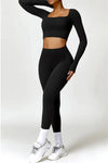 Square Neck Extended Long Sleeve Crop Top Yoga Pant Set - L