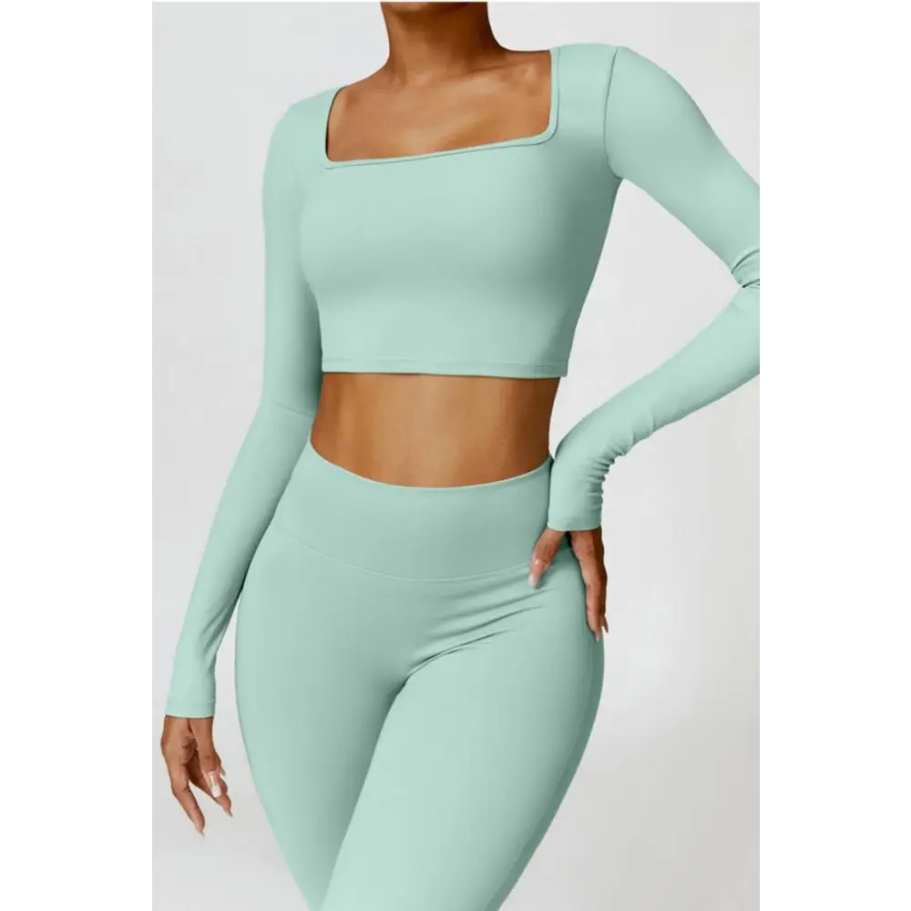 Square Neck Extended Long Sleeve Crop Top Yoga Pant Set
