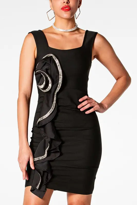 Square Neck Ruffled Sleeveless Mini Dress - S / Black