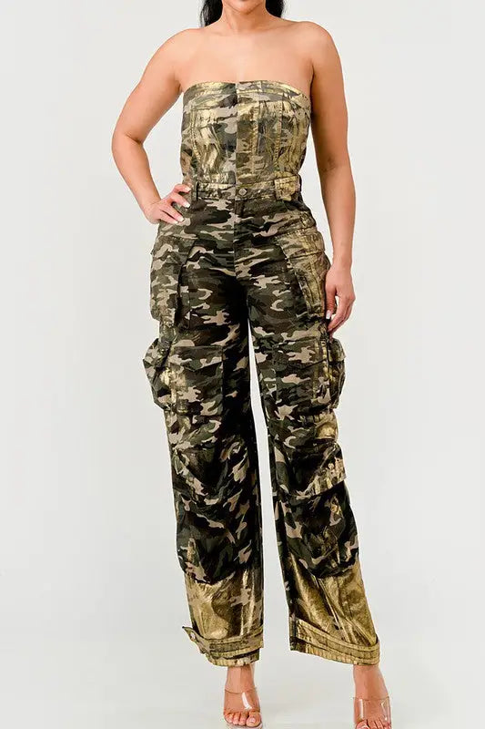 Stomping Grounds Gold Camo Strapless Cargo Jumpsuit