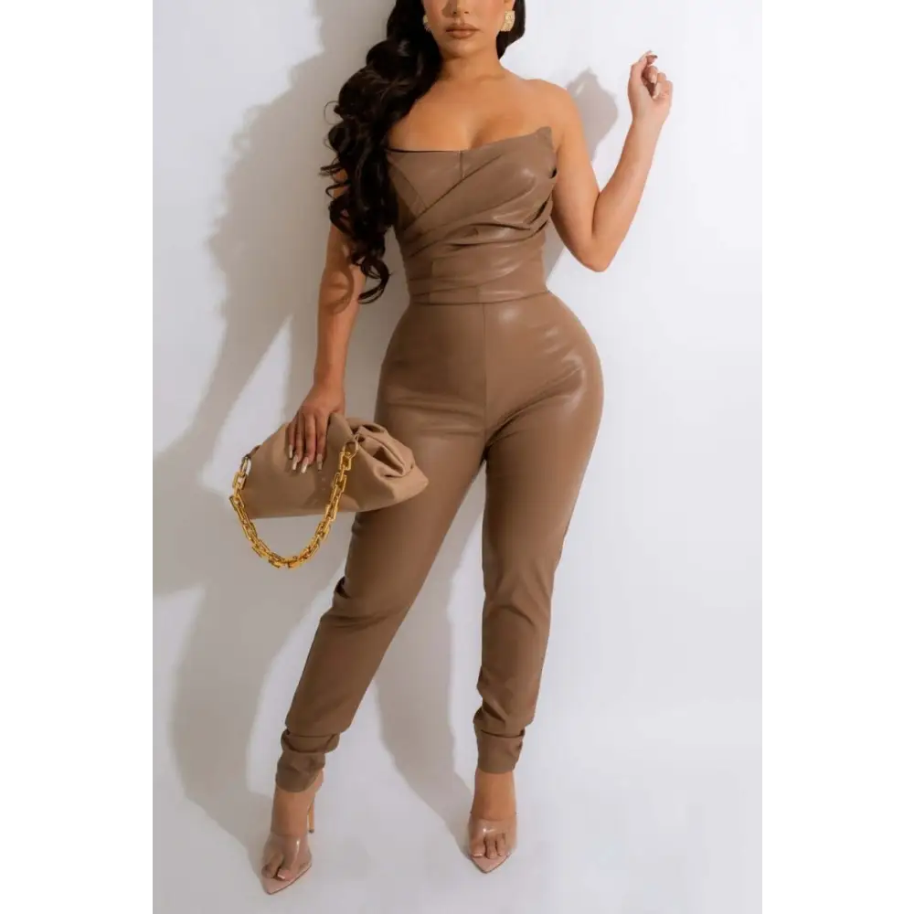 Strapless Zip - up Backless PU Jumpsuit - S / Brown