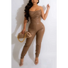 Strapless Zip-up Backless PU Jumpsuit - S / Brown