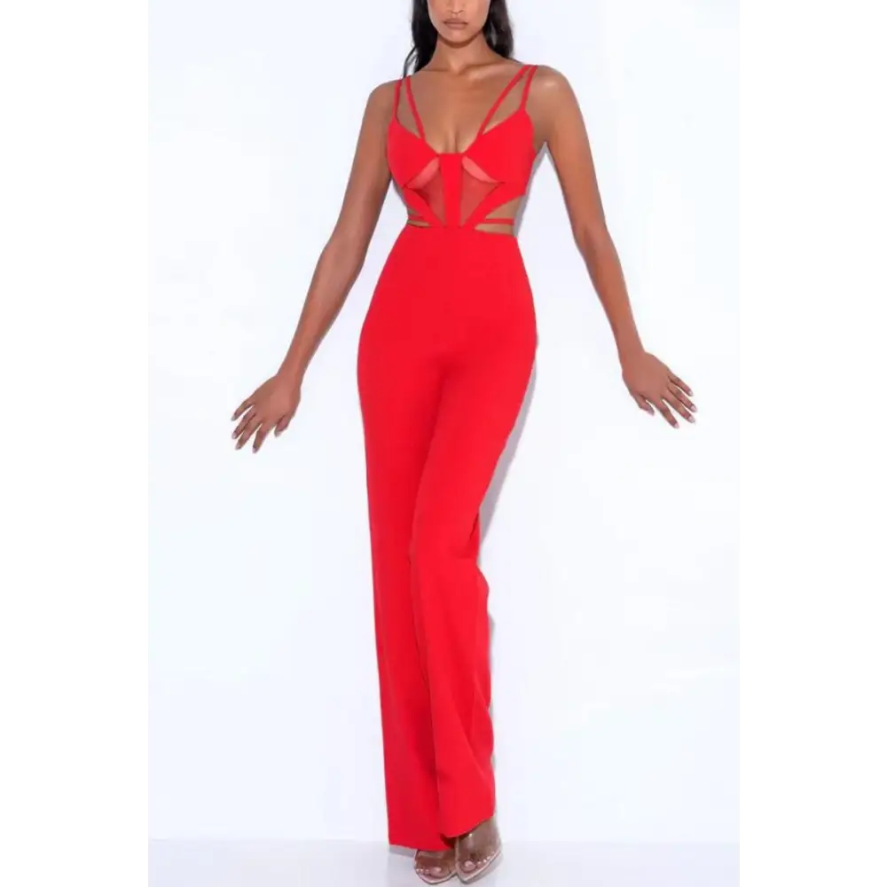 Strappy Diamond Mesh Cutout Jumpsuit - S / Red - Jumpsuits