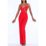 Strappy Diamond Mesh Cutout Jumpsuit - S / Red - Jumpsuits