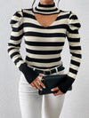 Striped Cutout Mock Neck Knit Sweater - Pullover Sweaters
