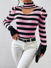Striped Cutout Mock Neck Knit Sweater - Pullover Sweaters