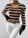 Striped Cutout Mock Neck Knit Sweater - S / Brown