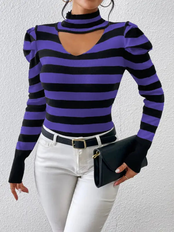 Striped Cutout Mock Neck Knit Sweater - S / Navy Blue