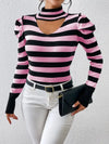 Striped Cutout Mock Neck Knit Sweater - S / Pink - Pullover