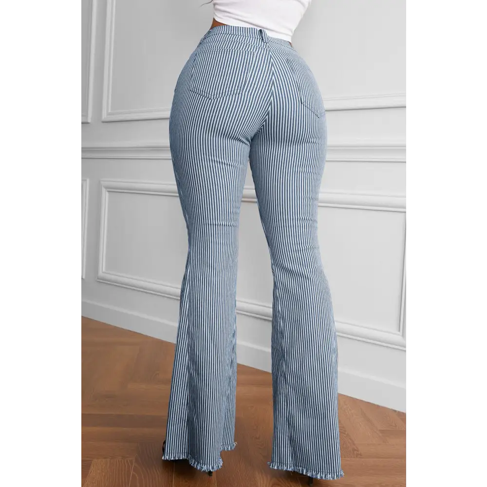 Striped Fringe Detail Flare Pants - Denim Jeans