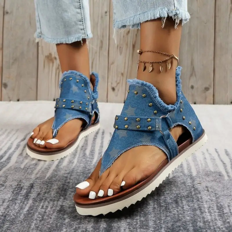 Studded Raw Hem Flat Sandals - 36(US5) / Blue