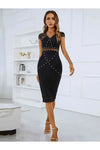 Studded Spliced Mesh V-Neck Dress - Black / S - Midi Dresses