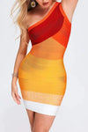Sunshine Gradient Color Stripe One Shoulder Mini Dress - S