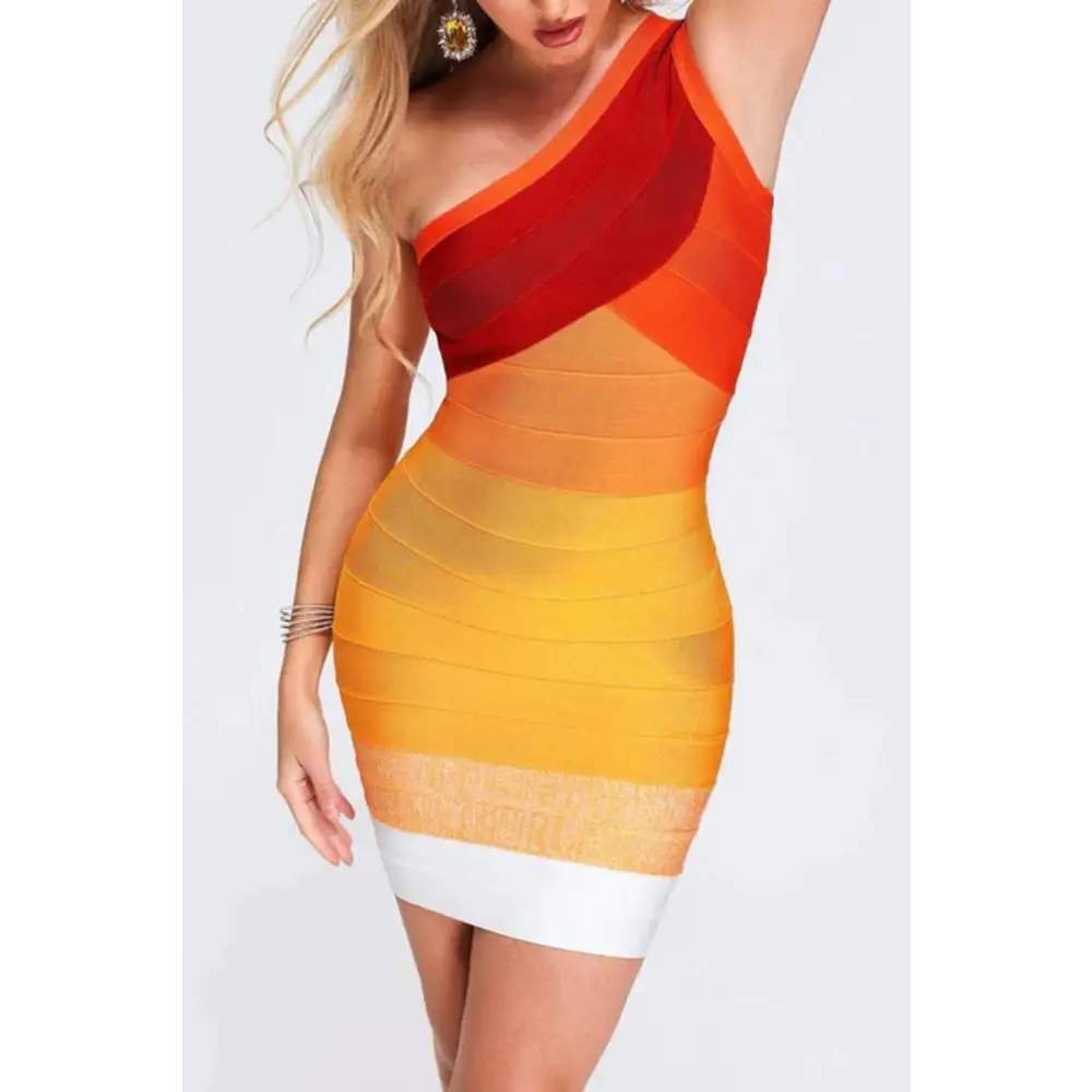 Sunshine Gradient Color Stripe One Shoulder Mini Dress - S