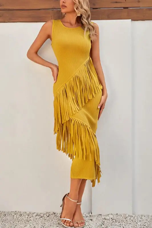 Sunshine Yellow Sleeveless Tassel Tales Midi Dress - Dresses