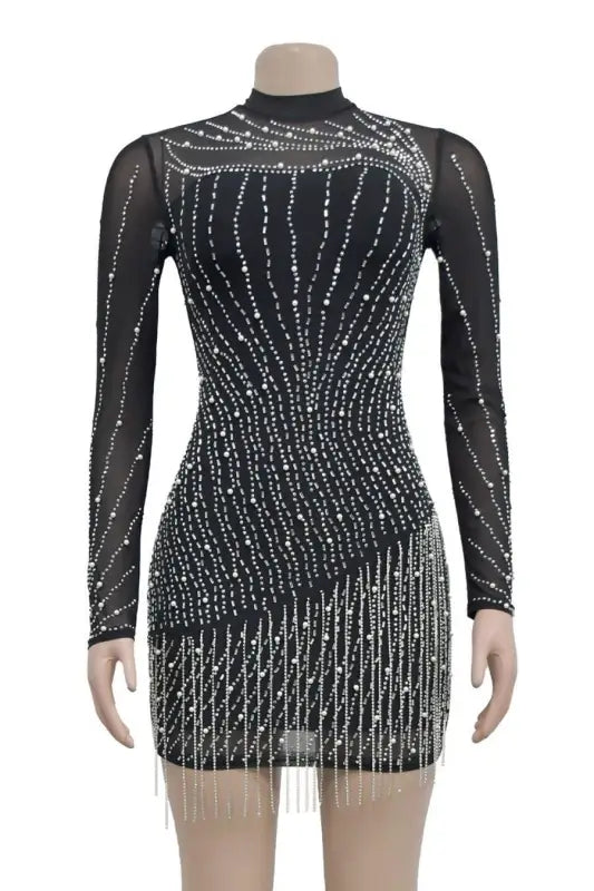 Test Of Time Mesh Tassel Rhinestone Mini Dress (S-2XL)