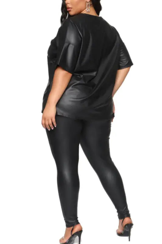 The Only One PU Short Sleeve Top Leggings Set (M-5XL)
