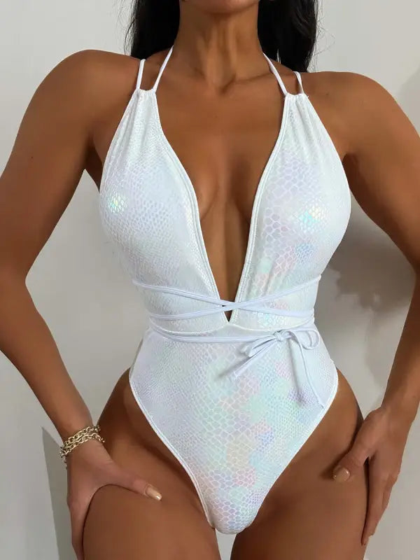 Tied Sequin Plunge One-Piece Swimwear - White / S