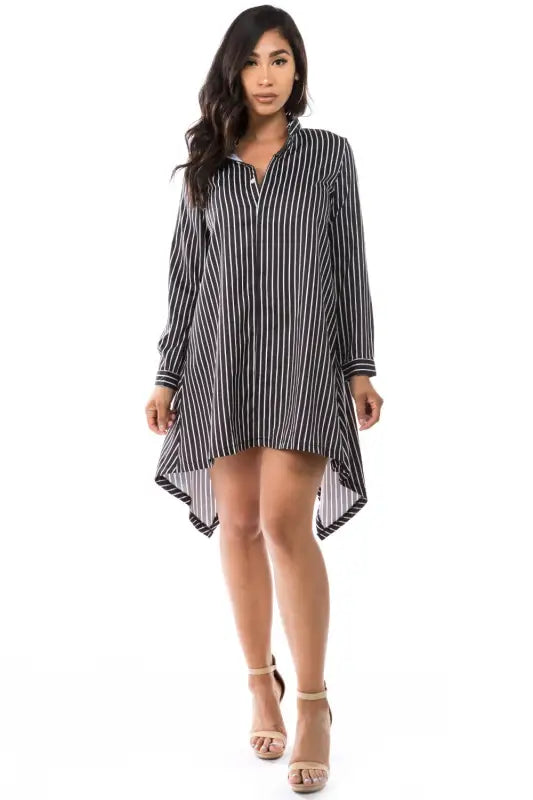 Top Tier High Low Striped Shirt Dress - S / Black - Mini