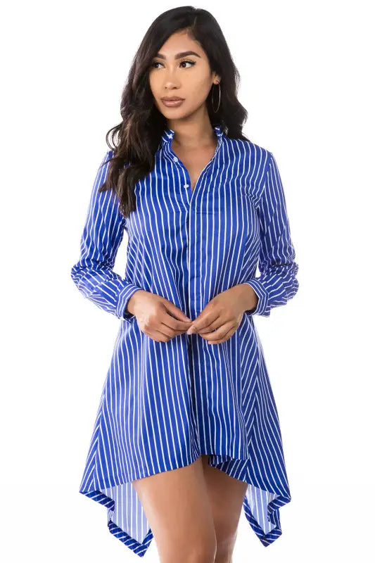 Top Tier High Low Striped Shirt Dress - S / Blue - Mini