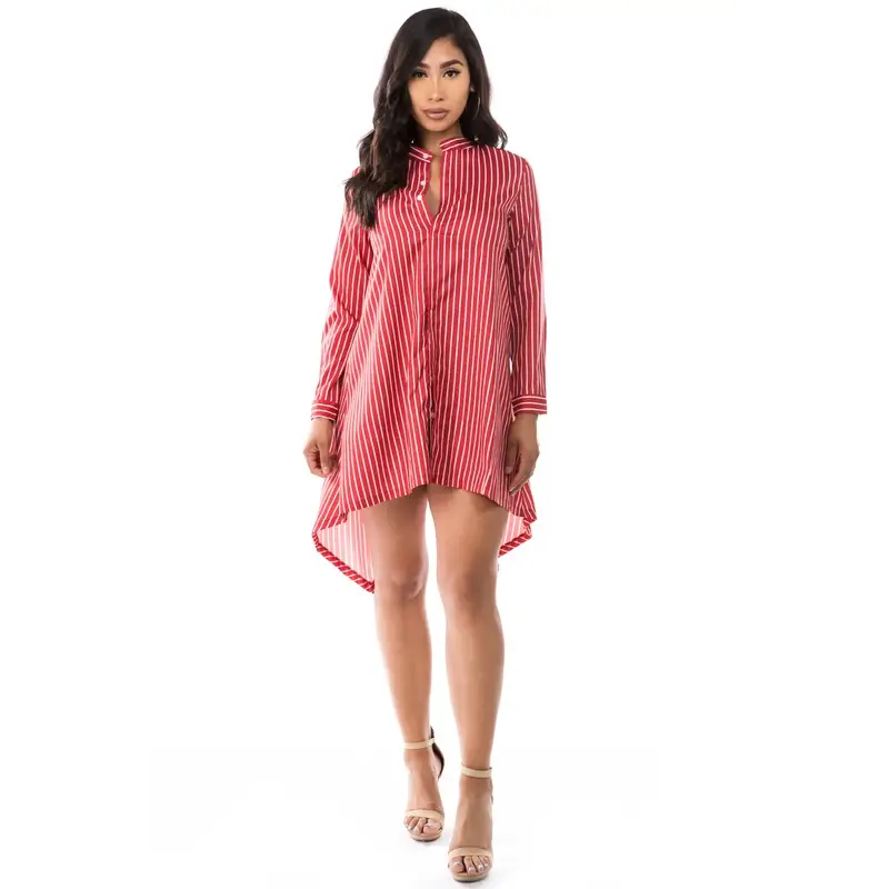 Top Tier High Low Striped Shirt Dress - S / Red - Mini