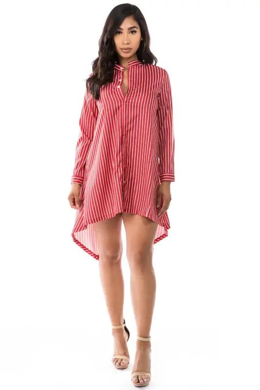 Top Tier High Low Striped Shirt Dress - S / Red - Mini
