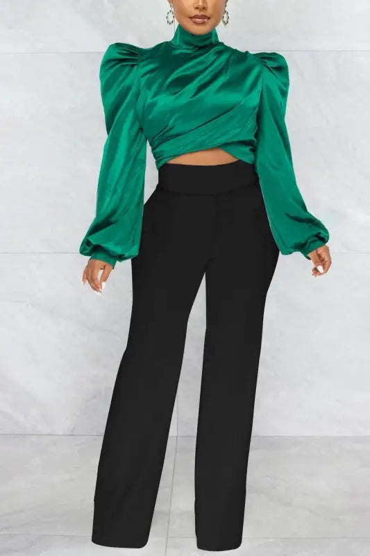 Touch Of Class Ruched Mock Top And Pant Set - S / Green